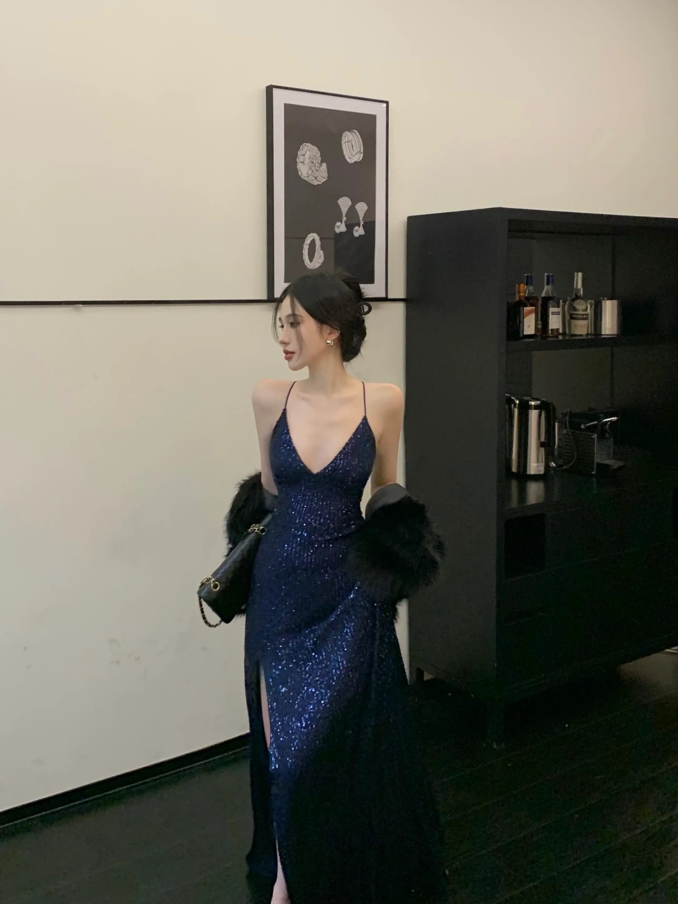 Sexy Sheath Spaghetti Straps Navy Blue Sequin Floor Length Evening Dress Sequin Prom Dresses