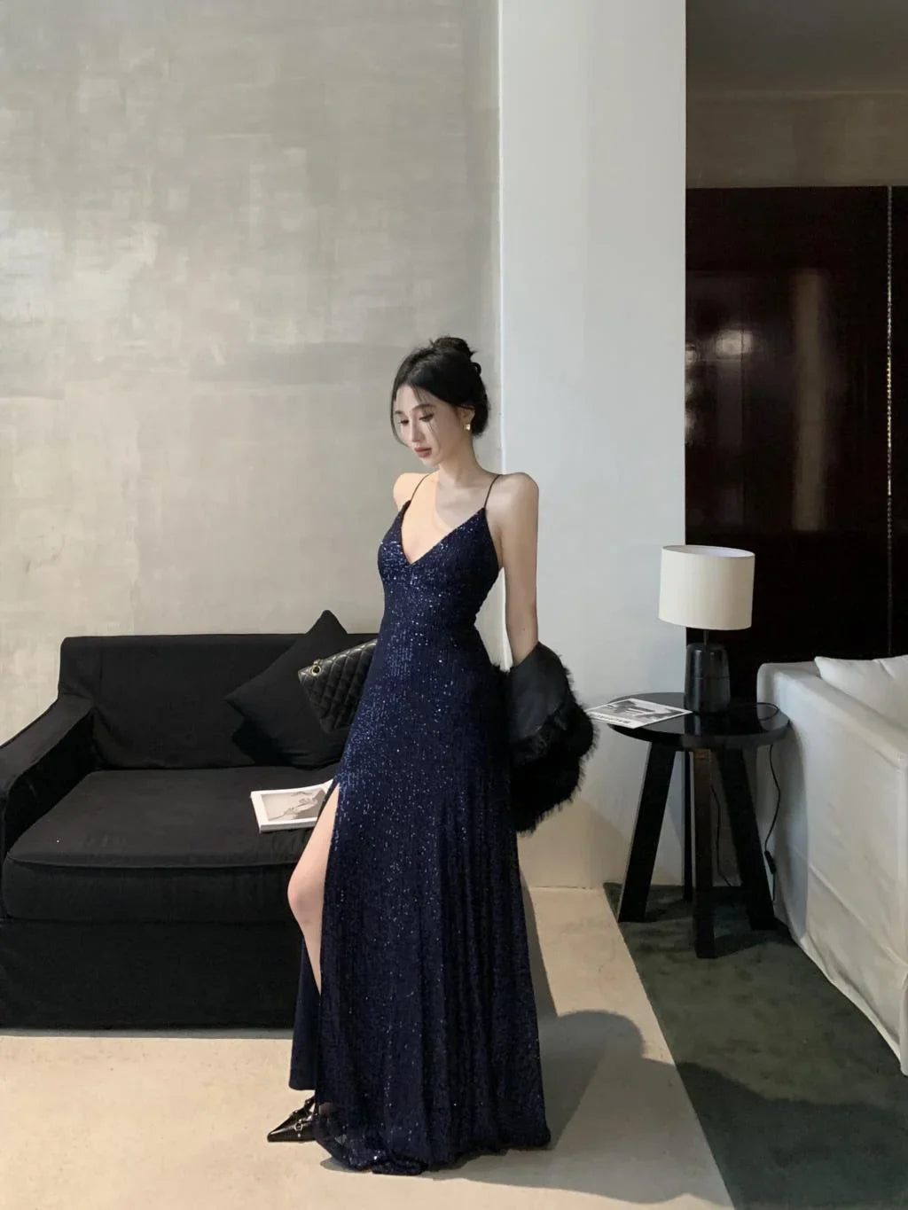 Sexy Sheath Spaghetti Straps Navy Blue Sequin Floor Length Evening Dress Sequin Prom Dresses