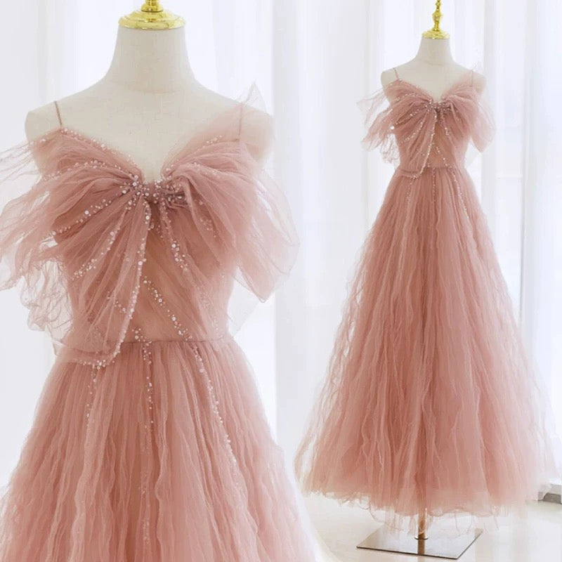 Sexy Ball Gown Spaghetti Straps Pink Tulle Evening Dress Prom Dresses