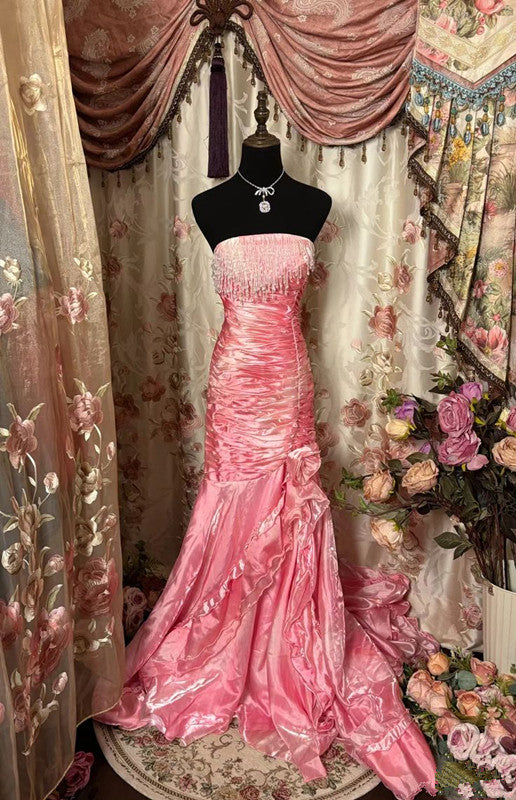 Sexy Mermaid Strapless Pink Satin Long Evening Dress Party Dress Prom Dresses
