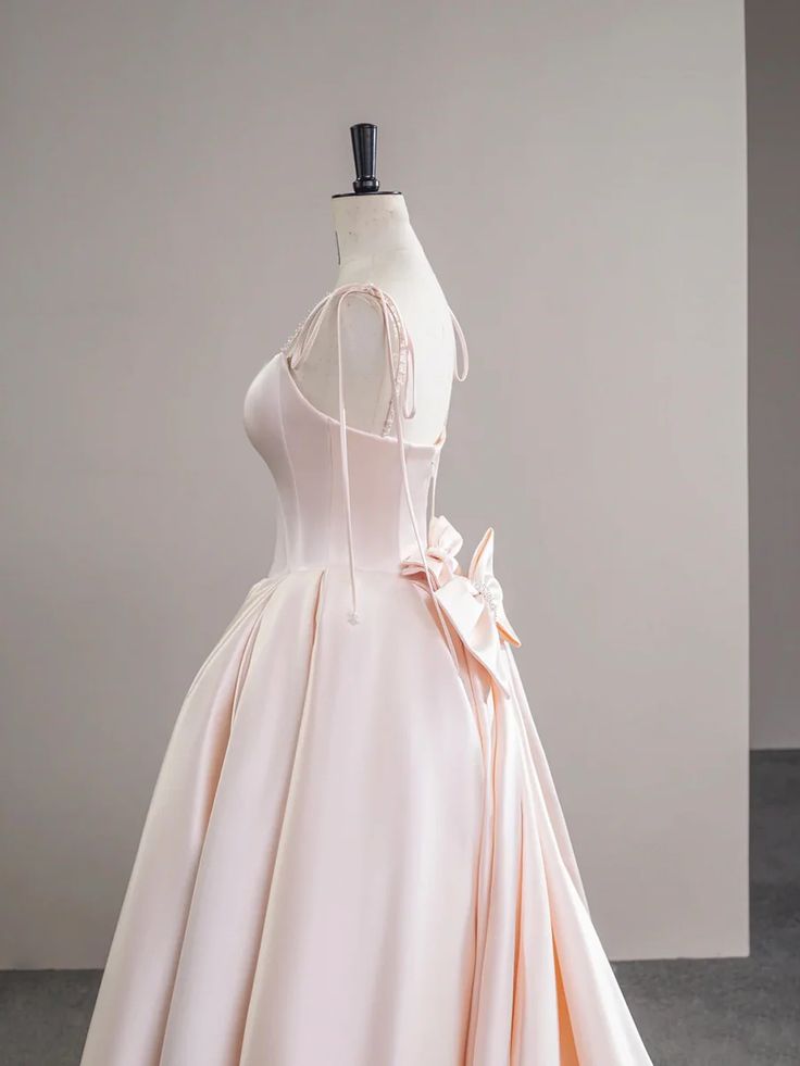 Light Pink Satin Spaghetti Strap Long Prom Dress, Beautiful Evening Dress with Bow