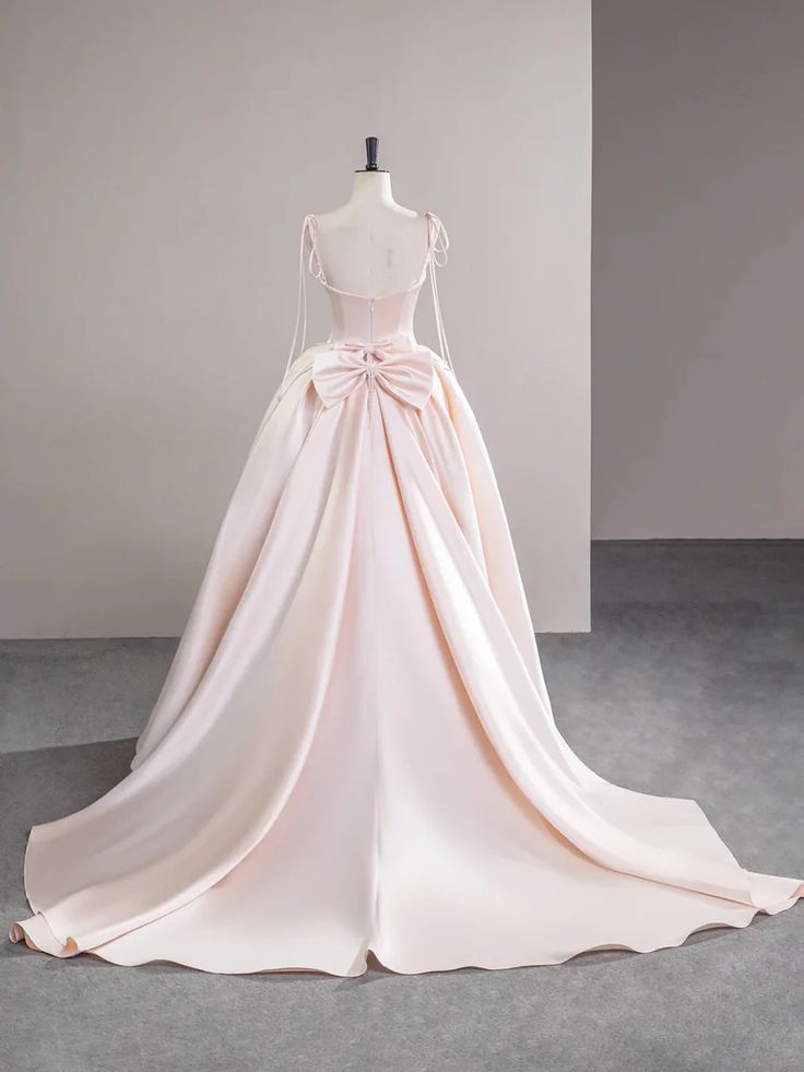 Light Pink Satin Spaghetti Strap Long Prom Dress, Beautiful Evening Dress with Bow