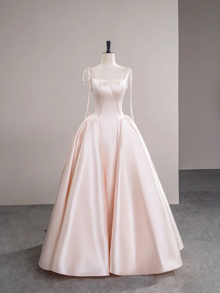 Light Pink Satin Spaghetti Strap Long Prom Dress, Beautiful Evening Dress with Bow