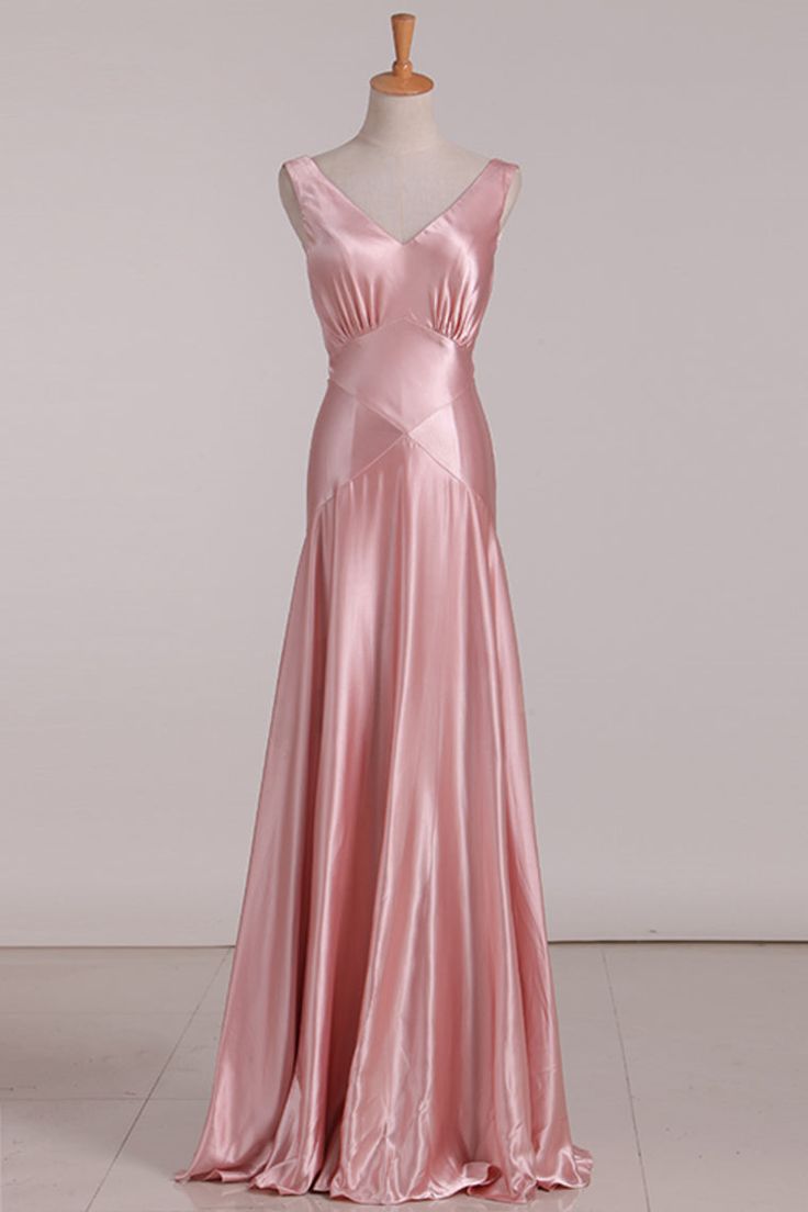 Vintage Mermaid V Neckline Pink Satin Long Prom Dresses Party Evening Dress