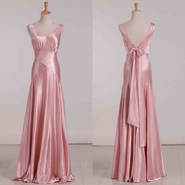 Vintage Mermaid V Neckline Pink Satin Long Prom Dresses Party Evening Dress