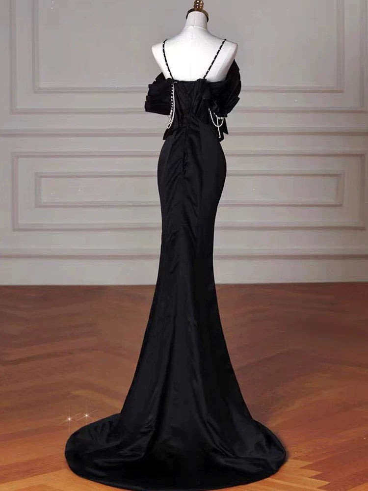 Sexy Mermaid Spaghetti Straps Black Long Formal Dress Satin Prom Dress