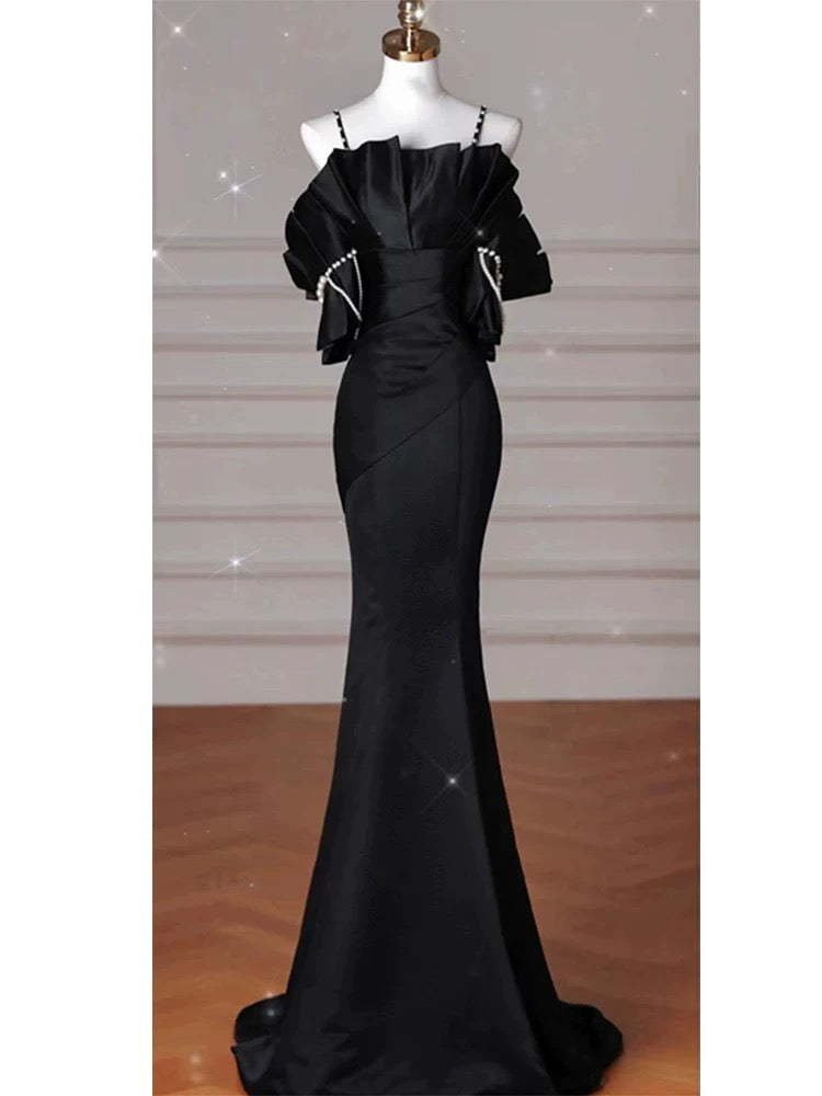 Sexy Mermaid Spaghetti Straps Black Long Formal Dress Satin Prom Dress