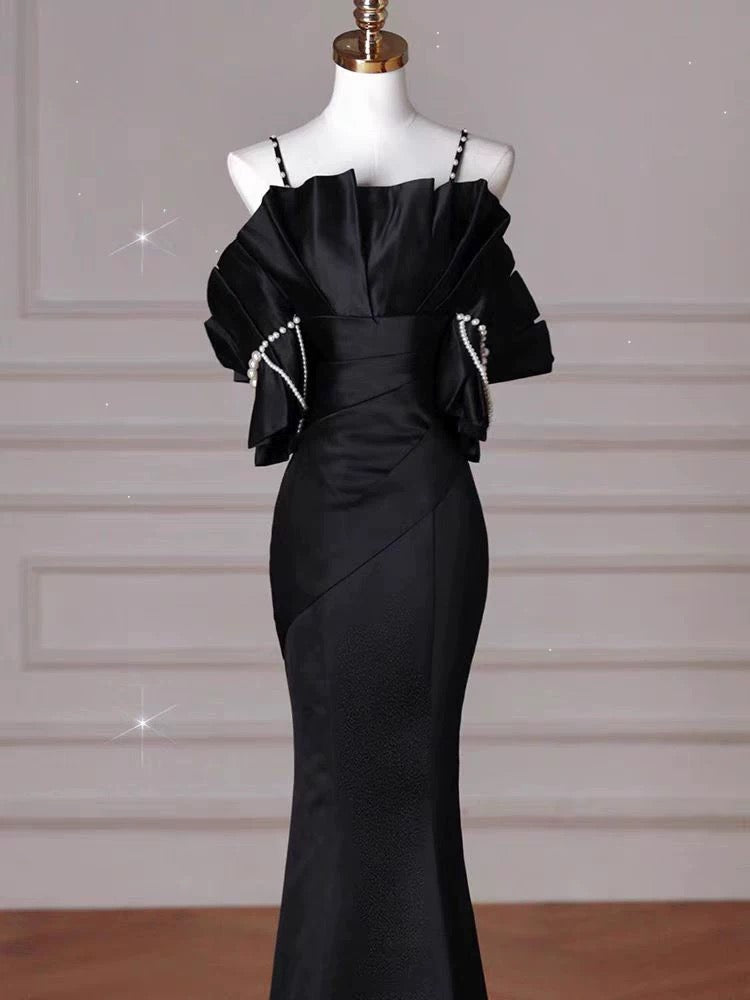 Sexy Mermaid Spaghetti Straps Black Long Formal Dress Satin Prom Dress