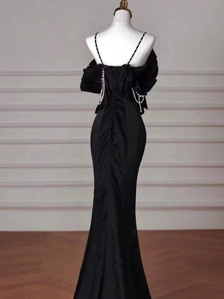 Sexy Mermaid Spaghetti Straps Black Long Formal Dress Satin Prom Dress