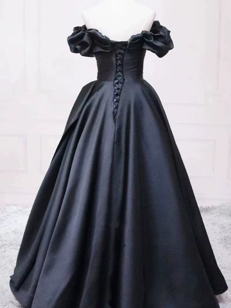 Pretty Ball Gown Off The Shoulder Black Satin Prom Dresses Evening Dress With Pleated