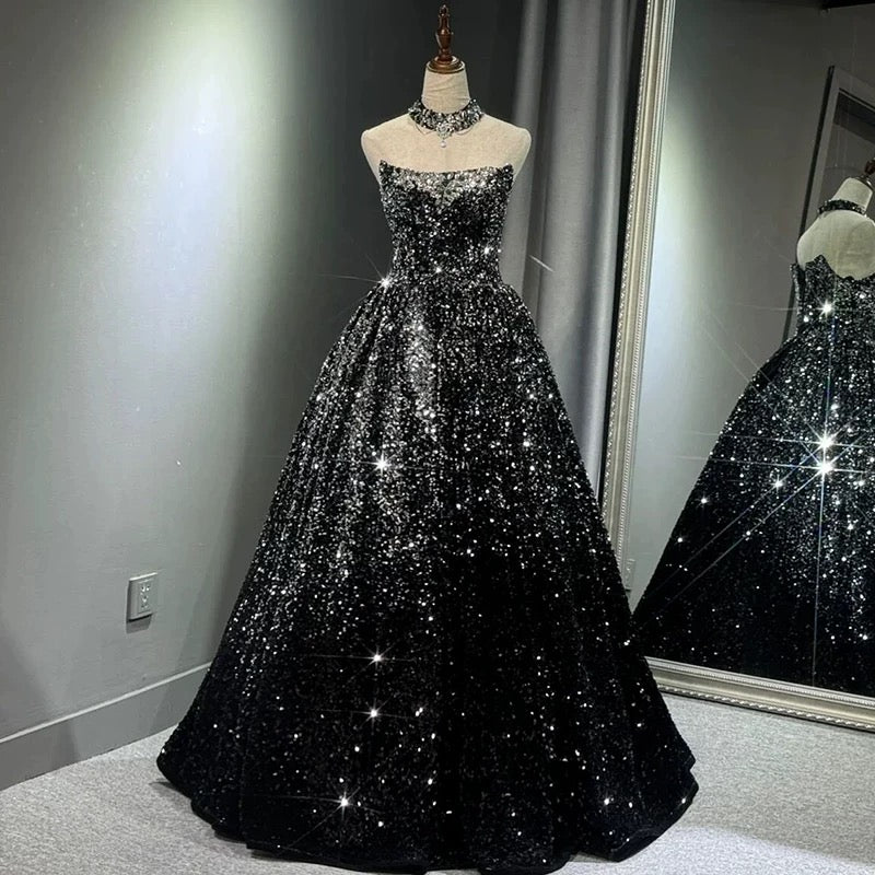 Pretty Ball Gown Strapless Black Sequin Prom Dresses Evening Dress