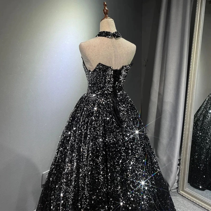 Pretty Ball Gown Strapless Black Sequin Prom Dresses Evening Dress
