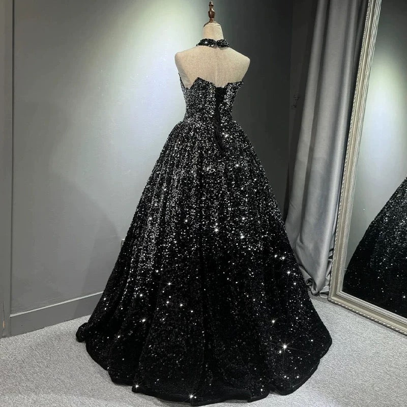 Pretty Ball Gown Strapless Black Sequin Prom Dresses Evening Dress