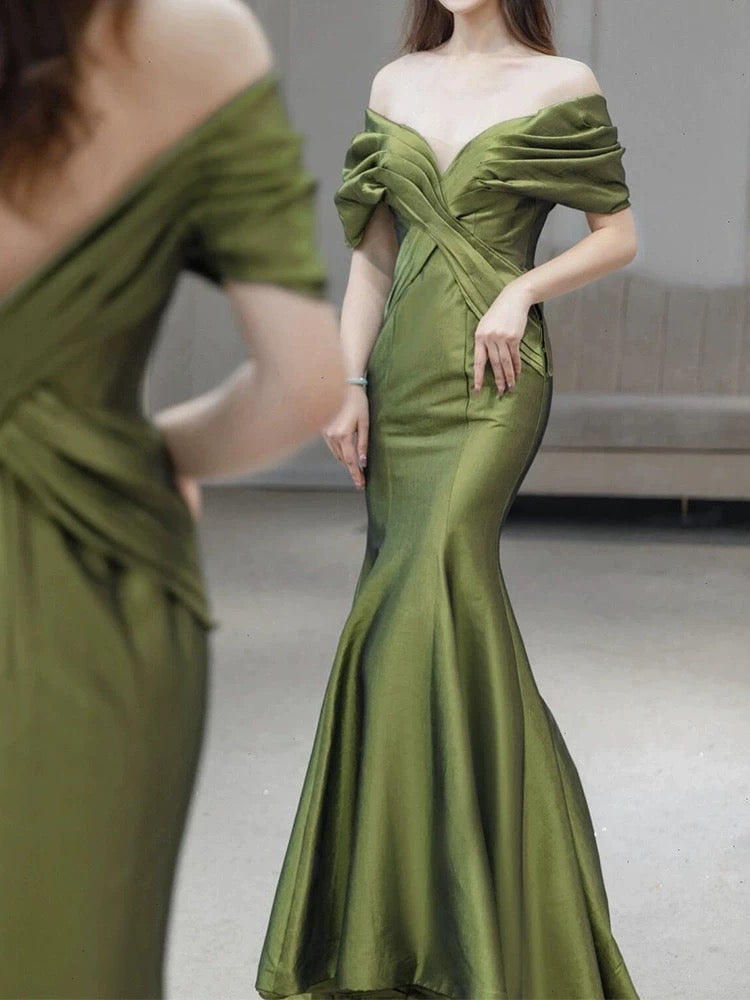 Sexy Mermaid Off The Shoulder Olive Green Satin Long Formal Dress Prom Dresses
