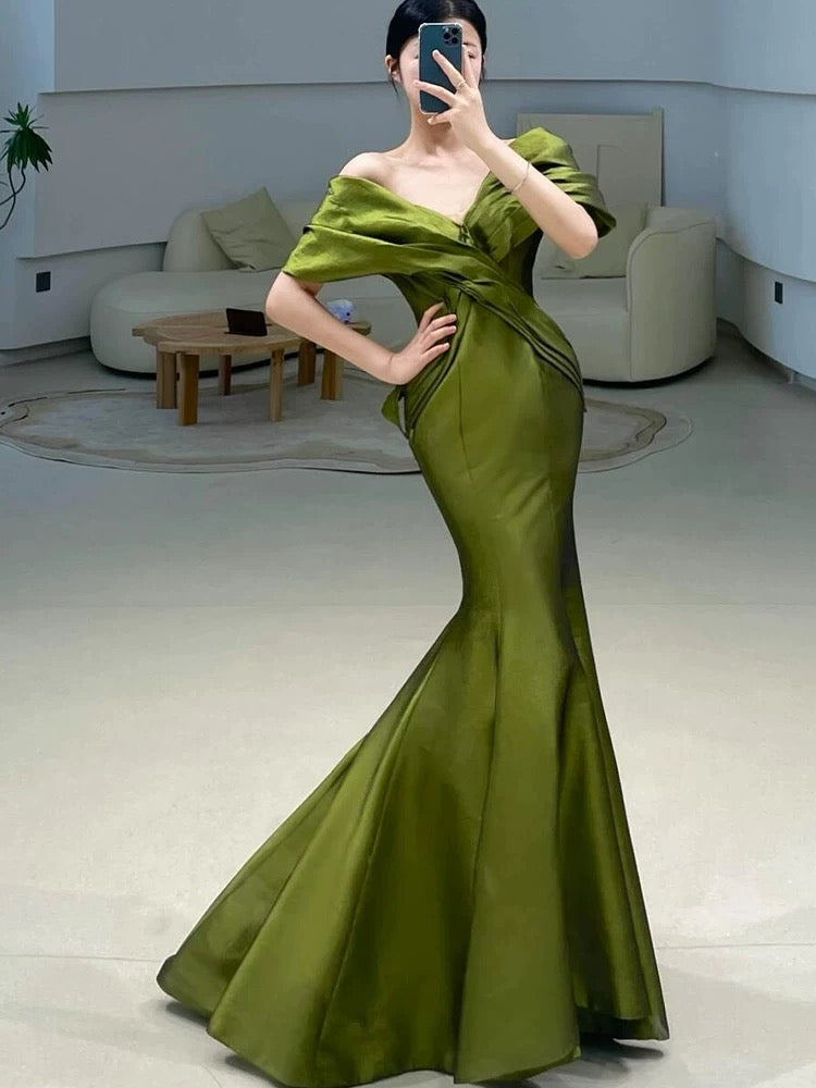 Sexy Mermaid Off The Shoulder Olive Green Satin Long Formal Dress Prom Dresses