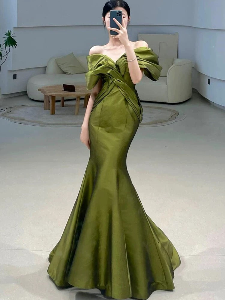 Sexy Mermaid Off The Shoulder Olive Green Satin Long Formal Dress Prom Dresses
