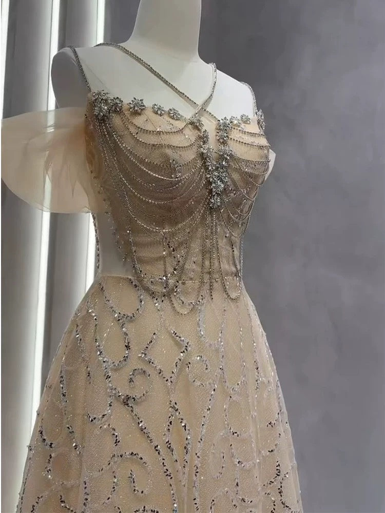 Vintage A Line Straps Champagne Tulle Long Prom Dresses Party Evening Dress