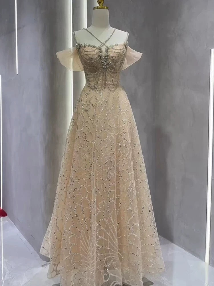 Vintage A Line Straps Champagne Tulle Long Prom Dresses Party Evening Dress