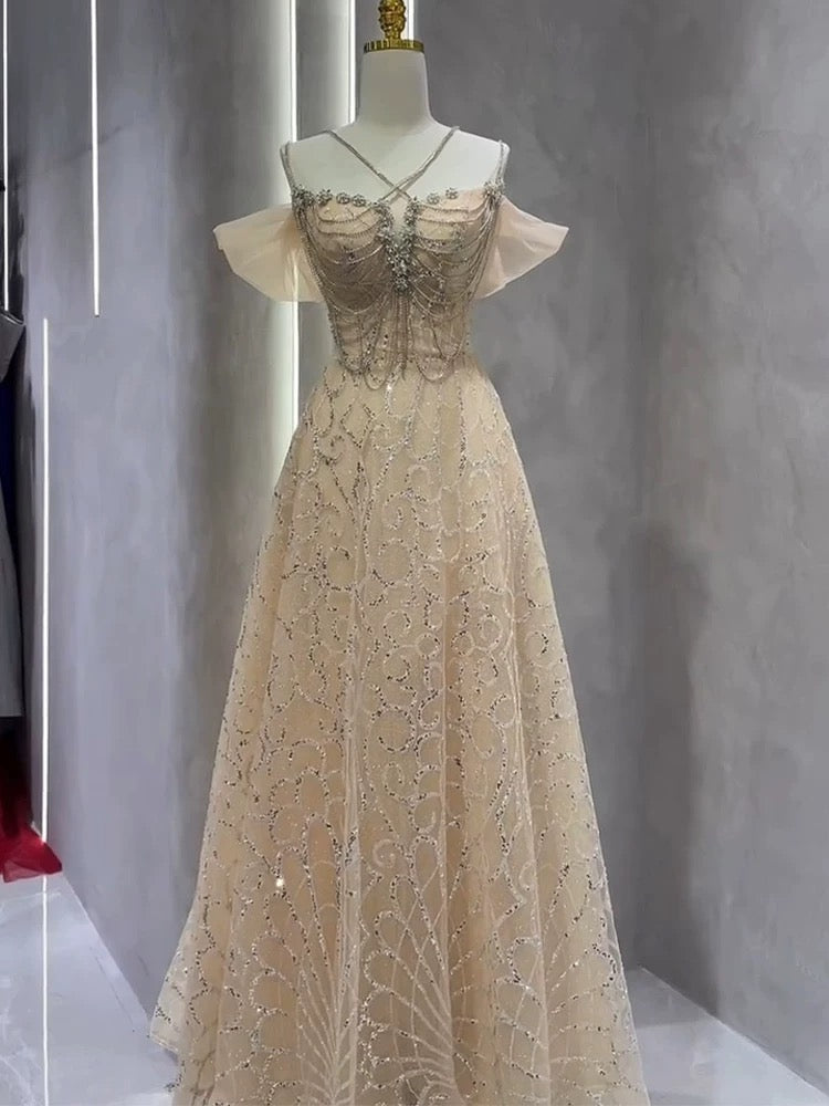 Vintage A Line Straps Champagne Tulle Long Prom Dresses Party Evening Dress