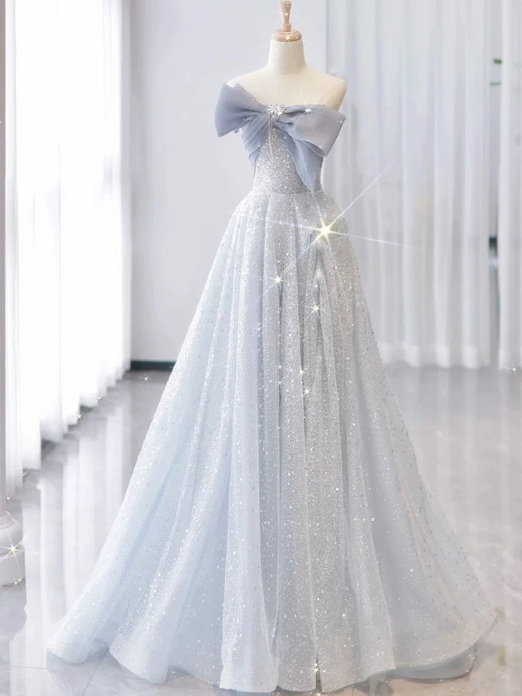 Vintage A Line Strapless Light Sky Blue Tulle Long Prom Dresses Party Evening Dress