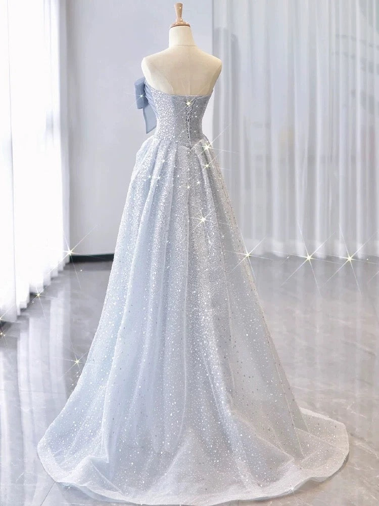 Vintage A Line Strapless Light Sky Blue Tulle Long Prom Dresses Party Evening Dress