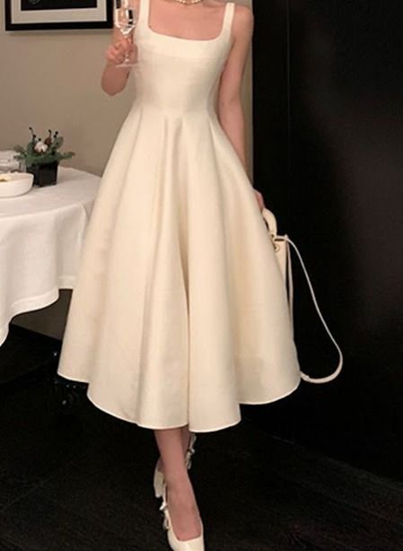 Vintage A-Line Square Neckline Satin Prom Dress Long Formal Dresses