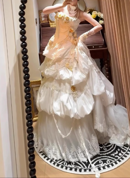 French retro corset 3D floral cake dress wedding gown