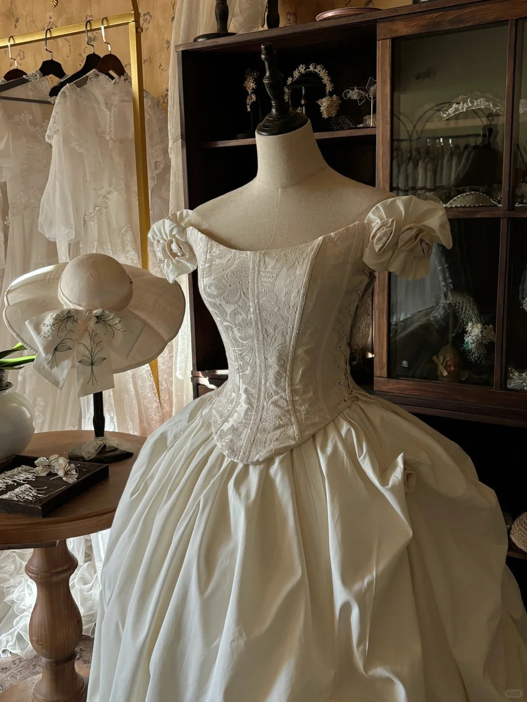 Elegant white one-shoulder 3D floral corset fluffy floor-length wedding dress