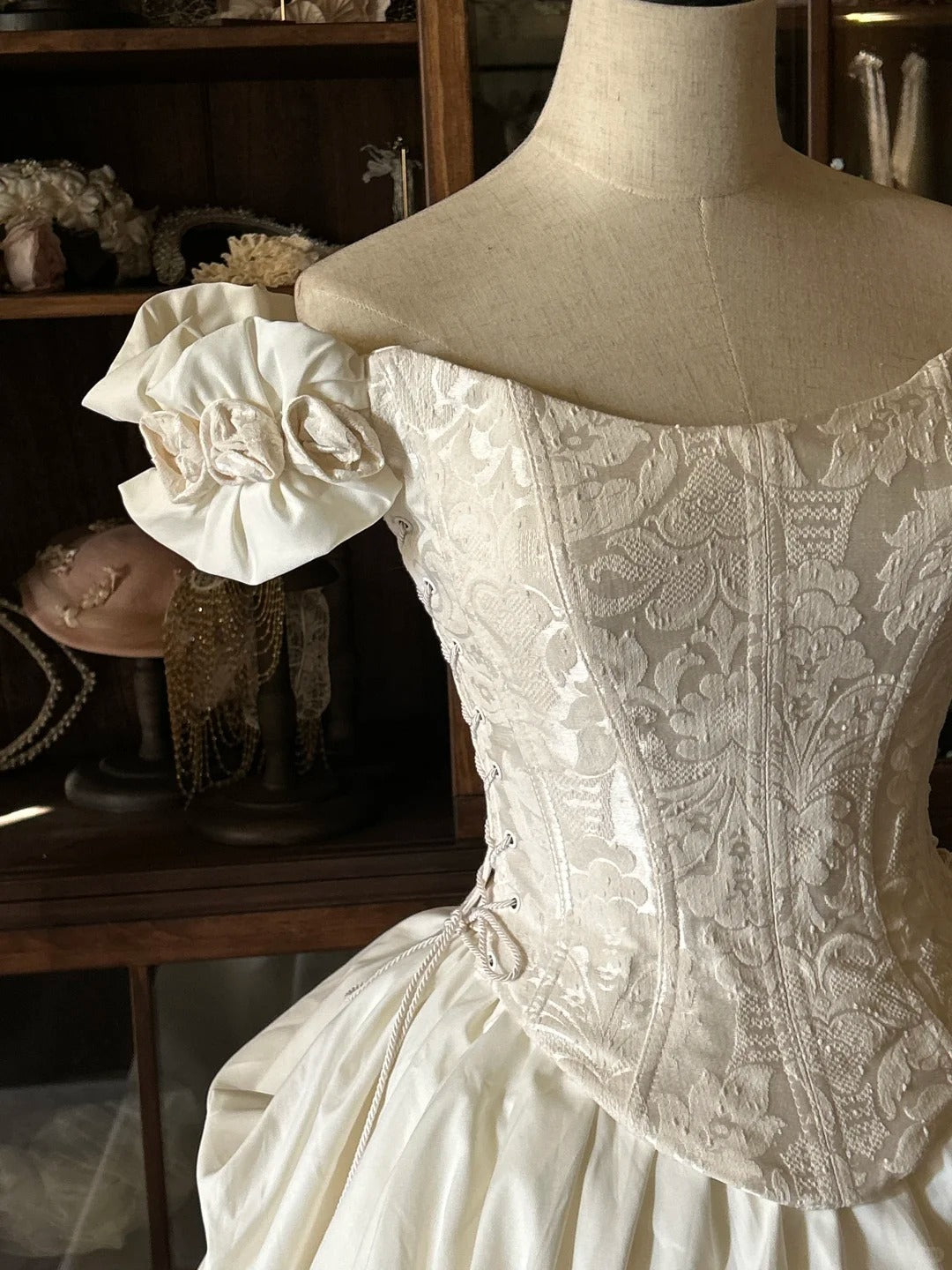 Elegant white one-shoulder 3D floral corset fluffy floor-length wedding dress