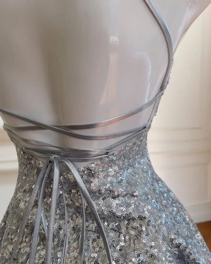Shiny Silver Grey Sequin Halter Neck Tie Back Mini Birthday Party Homecoming Dress P3150