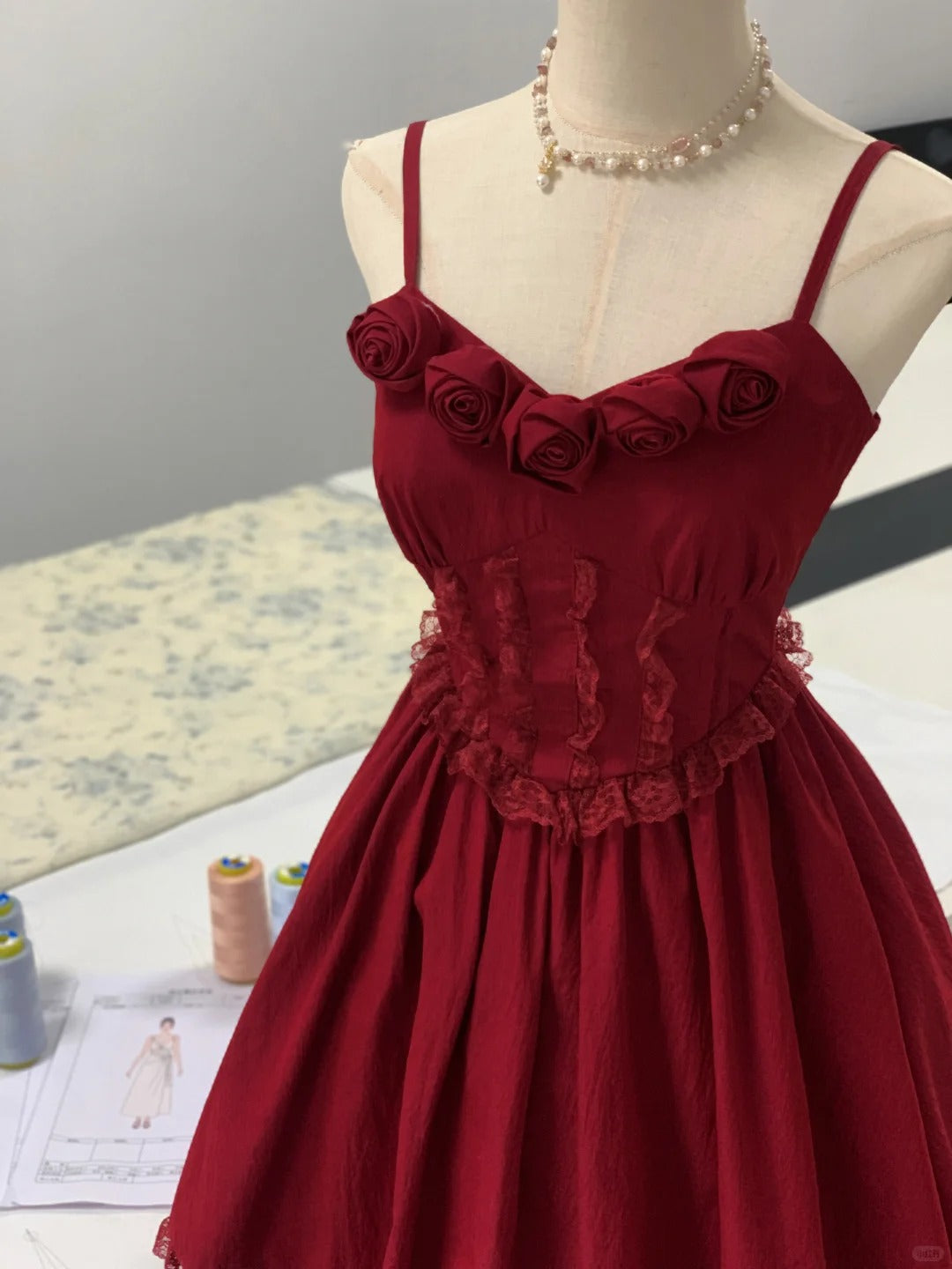 Beautiful red rose strap lace birthday party homecoming dress P3162