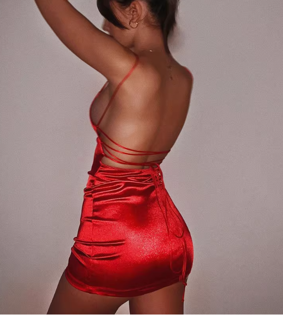 Sexy hot girl red suspender satin slim fit mini birthday party homecoming dress P3191