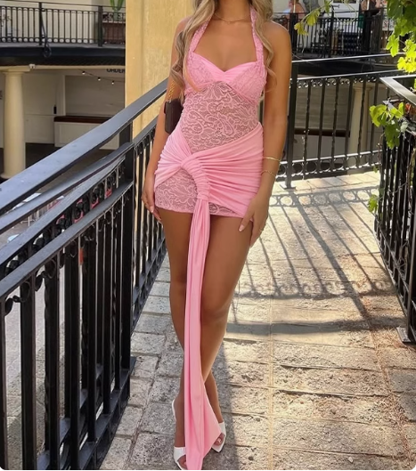 Sexy lace stitching backless halter neck hip birthday party homecoming dress P3242