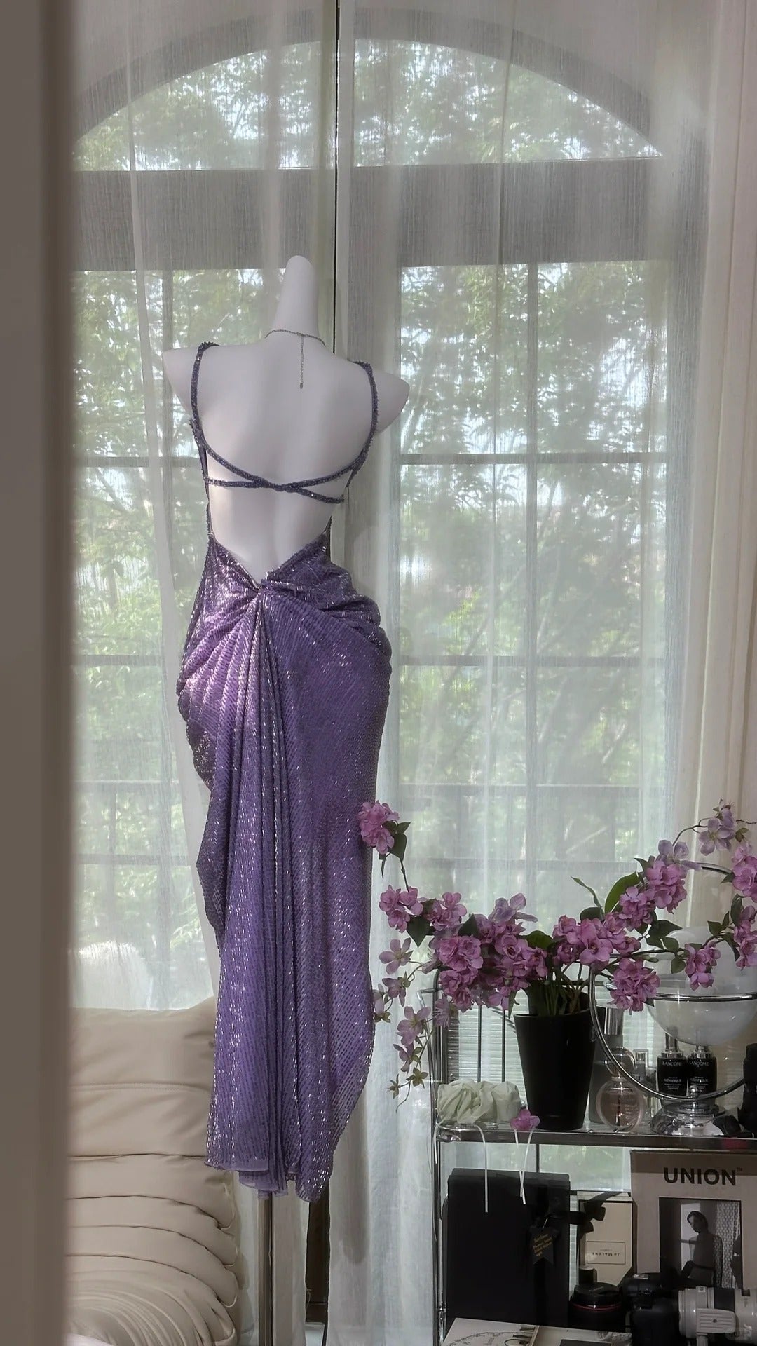 Vintage Purple Strap Chiffon Halter Back High Slit Beaded Evening Gown Prom Dress P3251