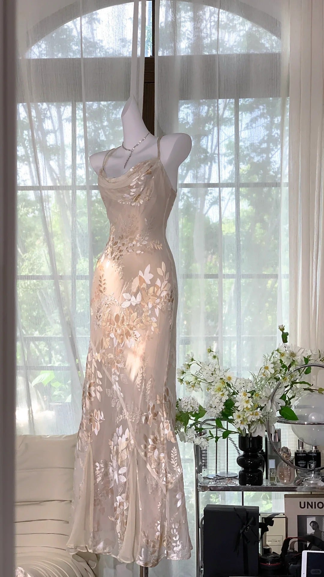 Elegant Light Pink Chiffon Printed Mermaid Evening Gown Prom Dress P3261