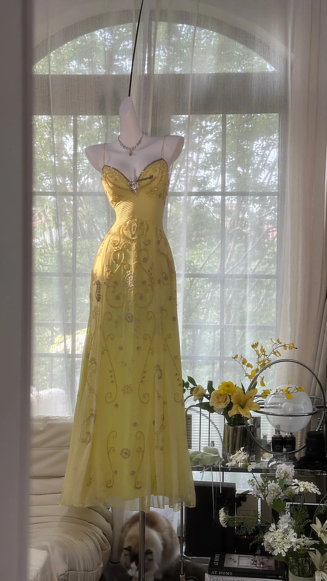 Flowy Yellow Spaghetti Strap Chiffon Beaded Mermaid Evening Gown Prom Dress P3272