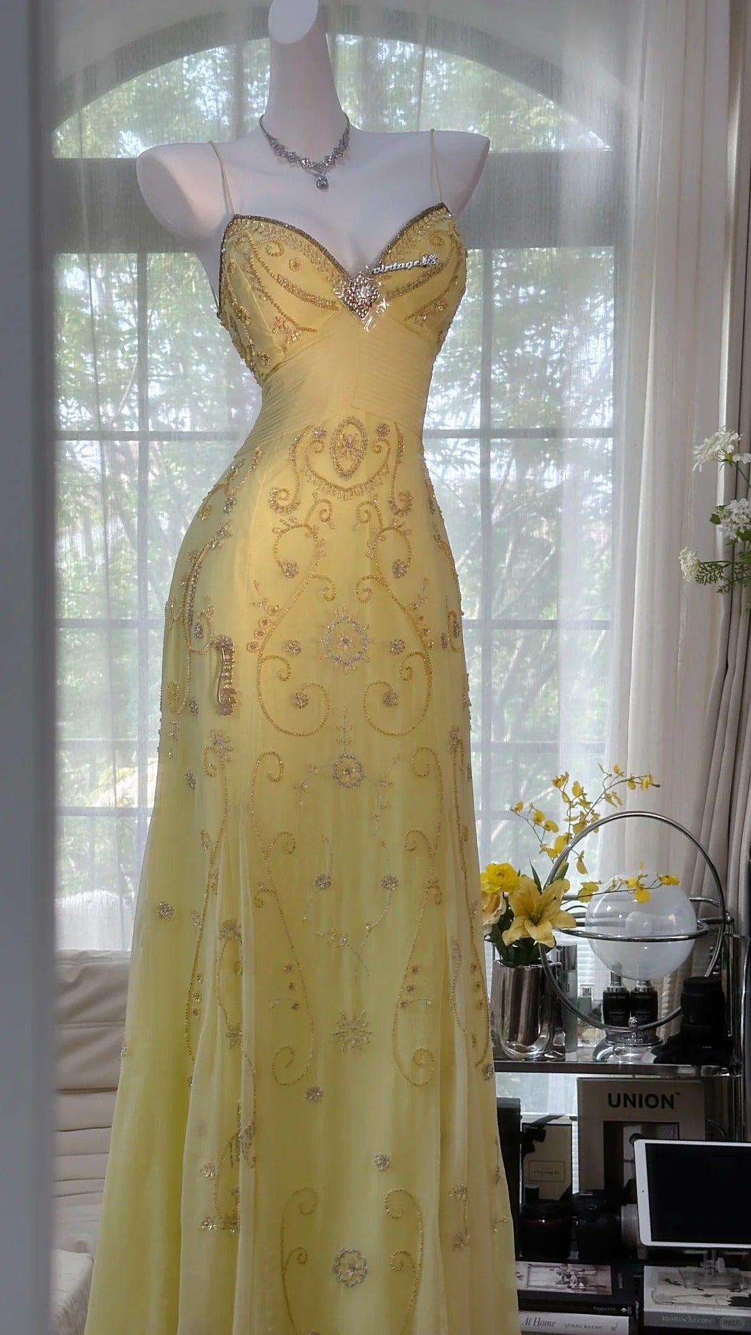 Flowy Yellow Spaghetti Strap Chiffon Beaded Mermaid Evening Gown Prom Dress P3272