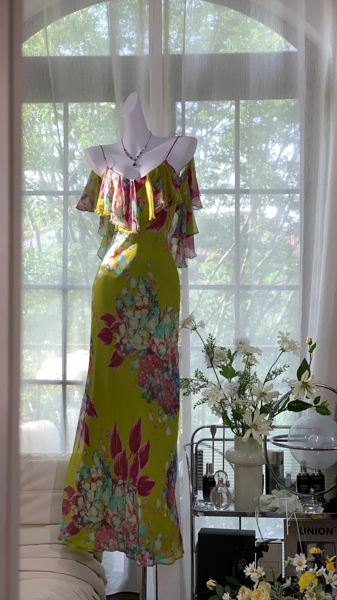 Vintage Oil Painting Green Printed Chiffon Mermaid Evening Gown Prom Dress P3273