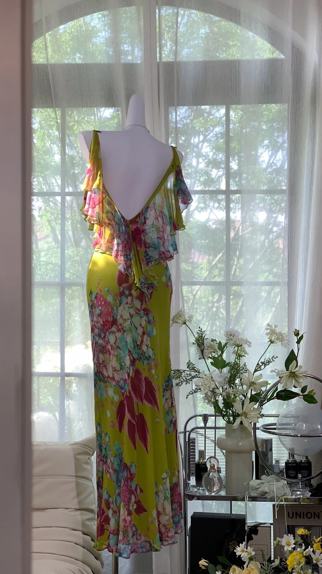 Vintage Oil Painting Green Printed Chiffon Mermaid Evening Gown Prom Dress P3273