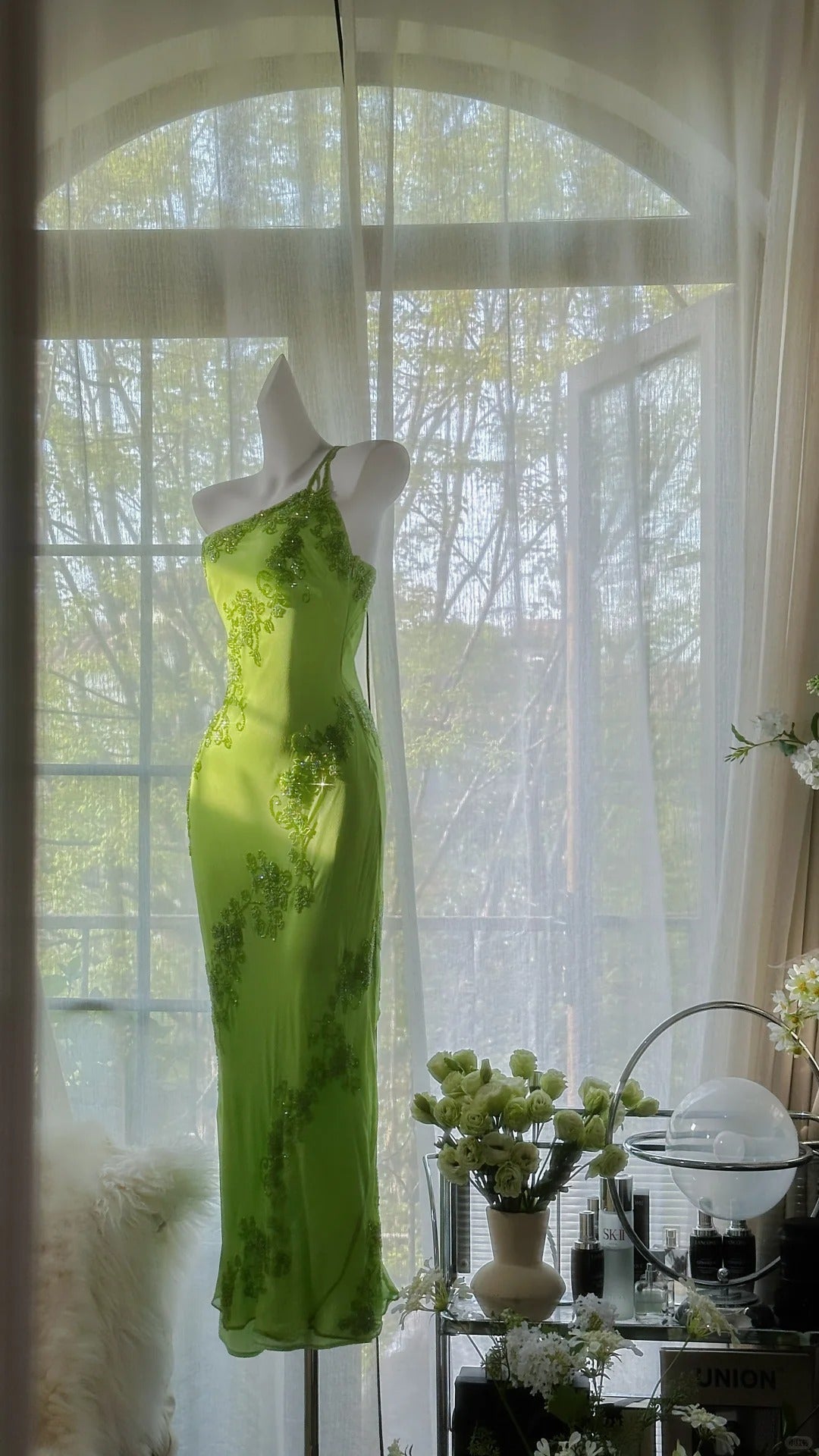 Fresh Green One Shoulder Chiffon Beaded Mermaid Evening Gown Prom Dress P3277