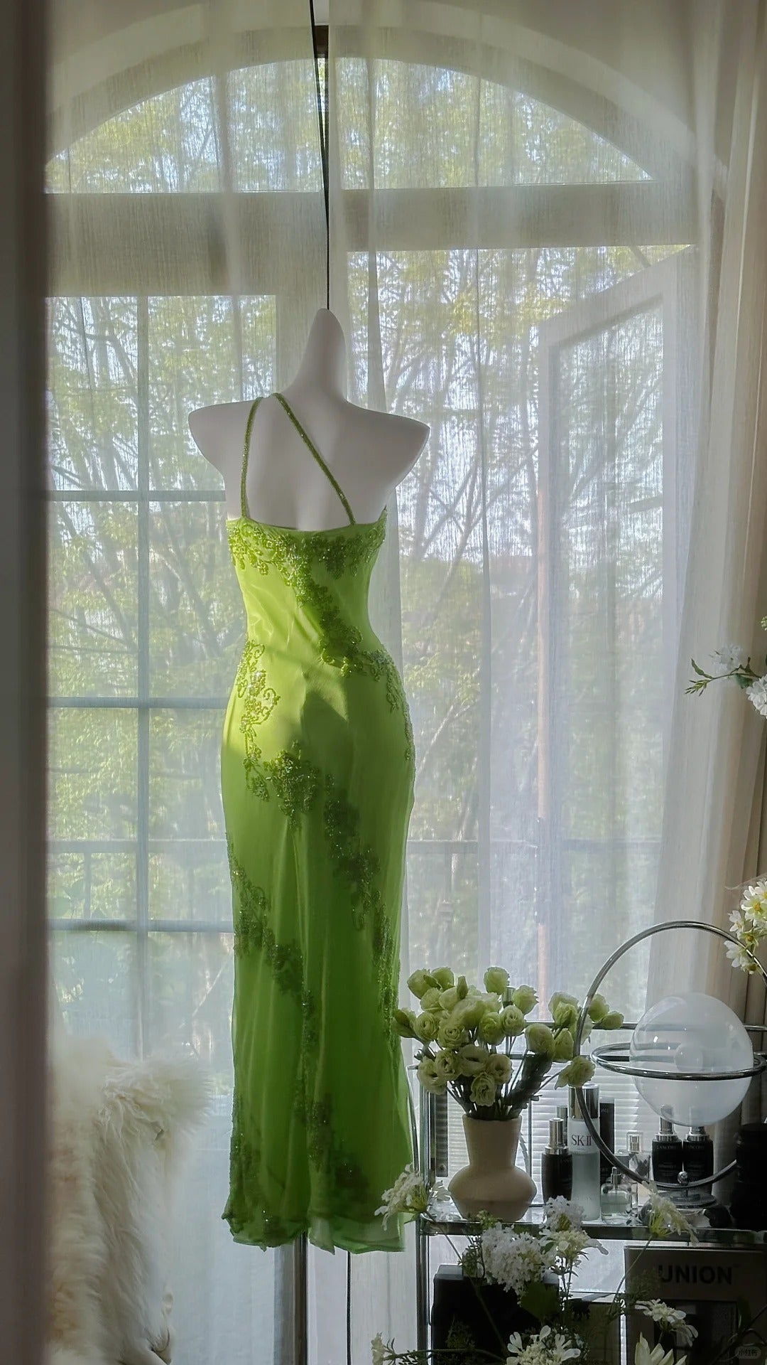 Fresh Green One Shoulder Chiffon Beaded Mermaid Evening Gown Prom Dress P3277