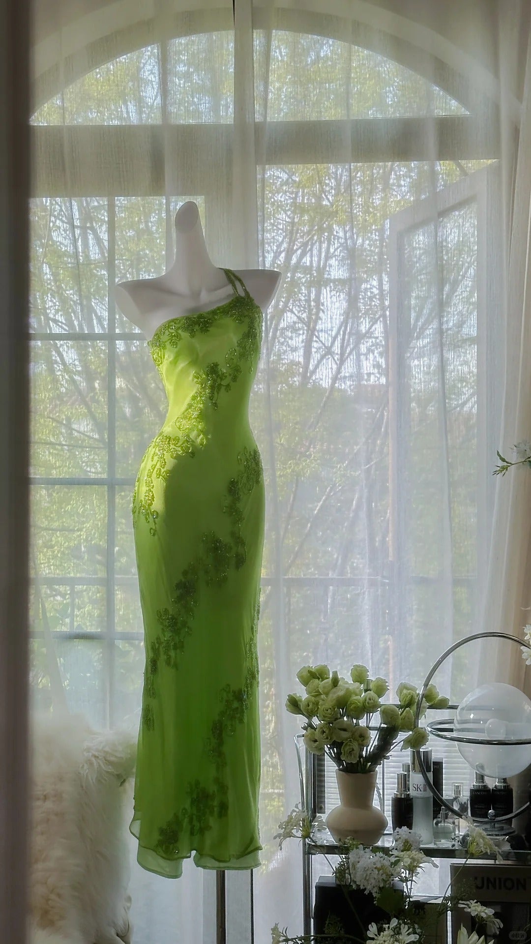 Fresh Green One Shoulder Chiffon Beaded Mermaid Evening Gown Prom Dress P3277