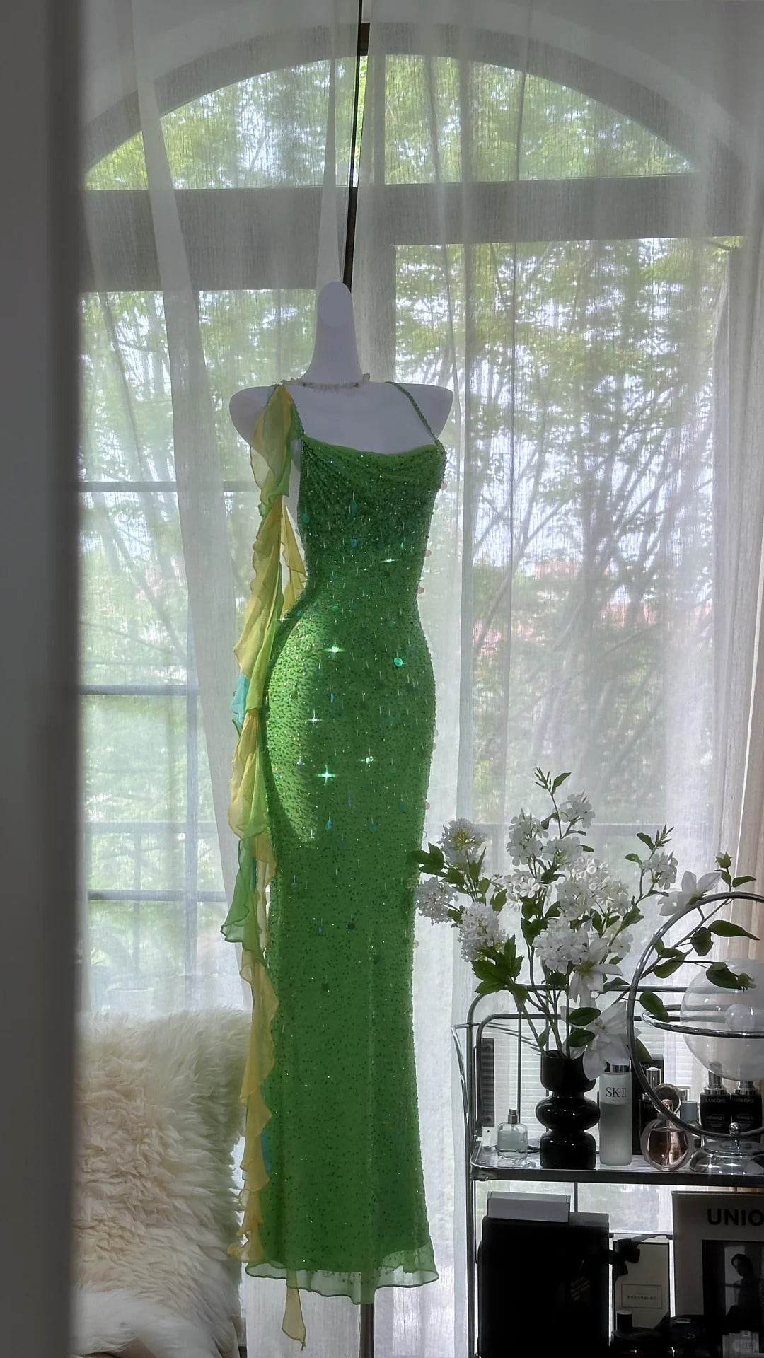 Shiny Full Beaded Heavy Green Mermaid Backless Evening Gown Prom Dress P3278
