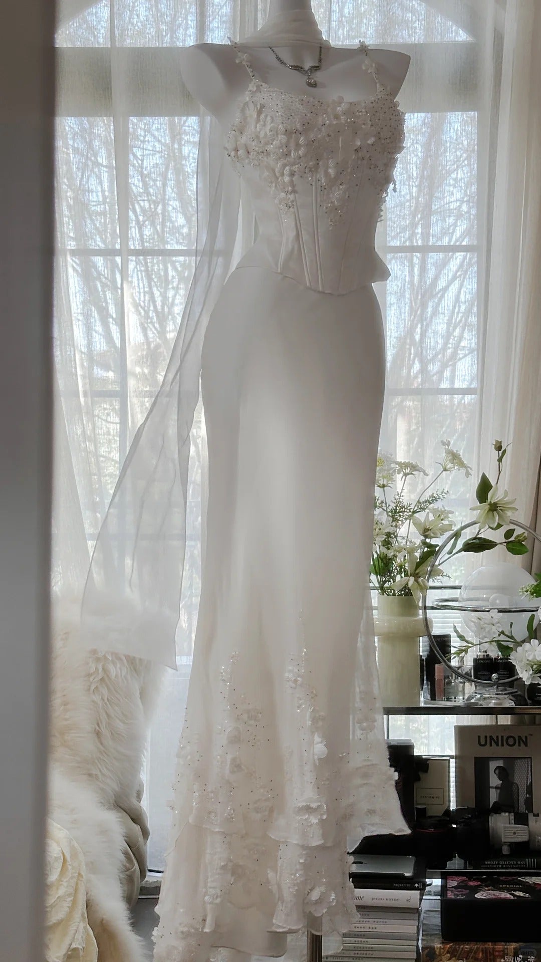 Elegant White Strap Herringbone Beaded Chiffon Evening Gown Prom Dress P3286