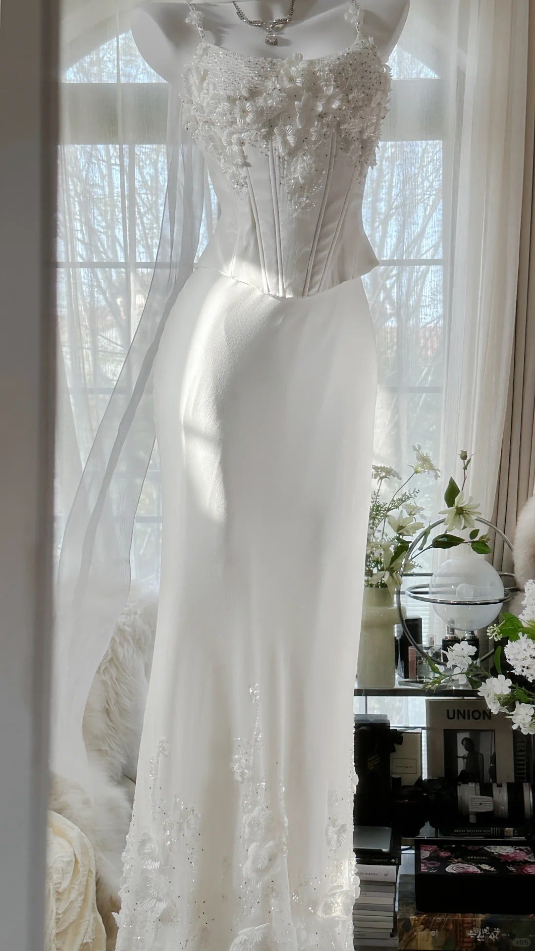 Elegant White Strap Herringbone Beaded Chiffon Evening Gown Prom Dress P3286