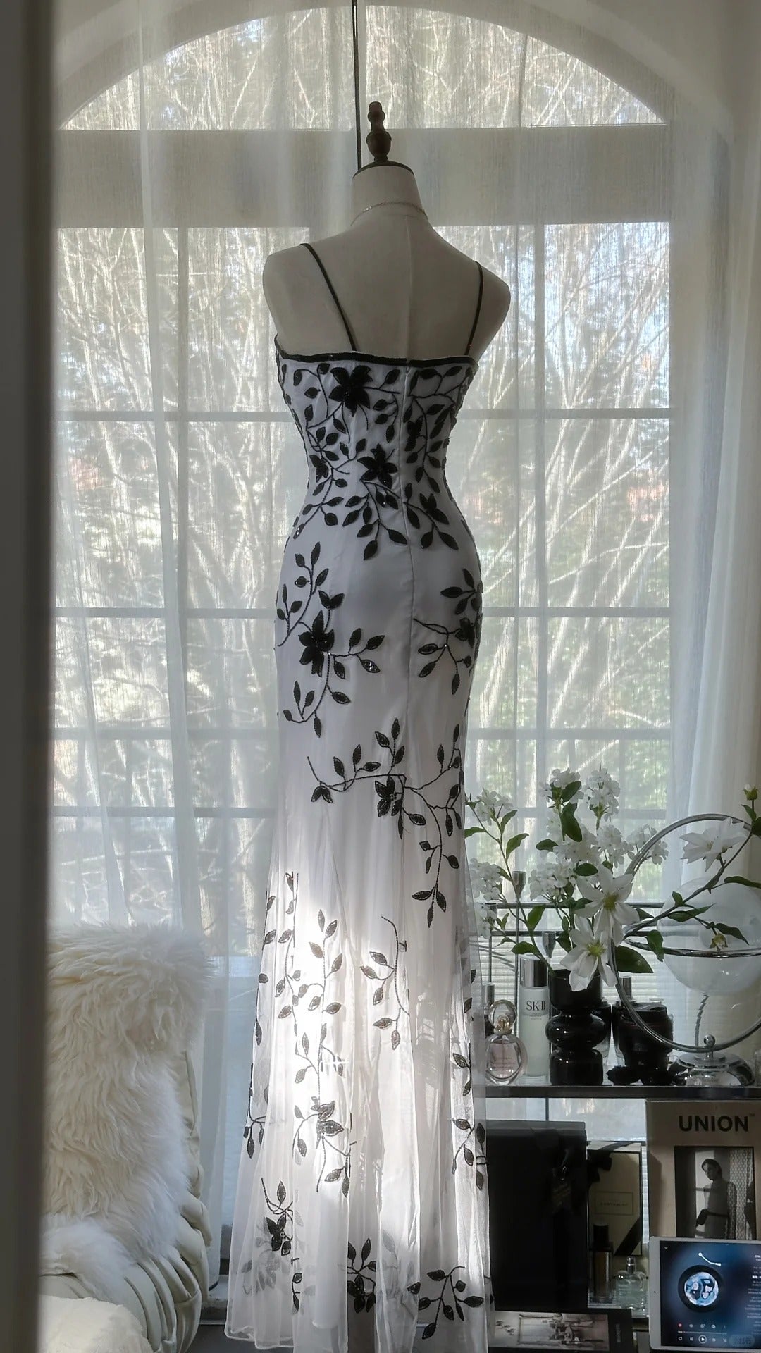 Vintage Bamboo Shadow Beaded Strap Chiffon Evening Gown Prom Dress P3296