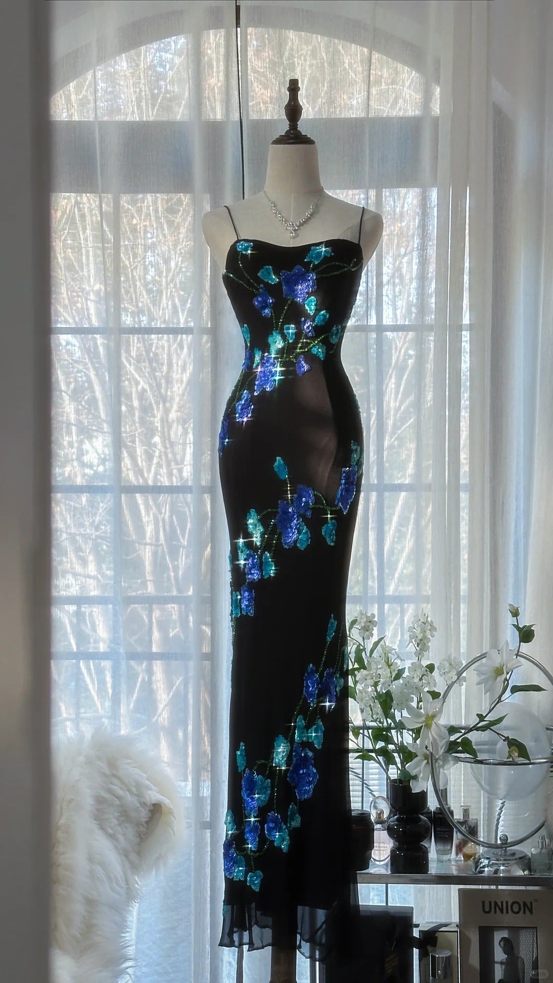 Vintage Black Chiffon Beaded Mermaid Evening Gown Prom Dress P3299