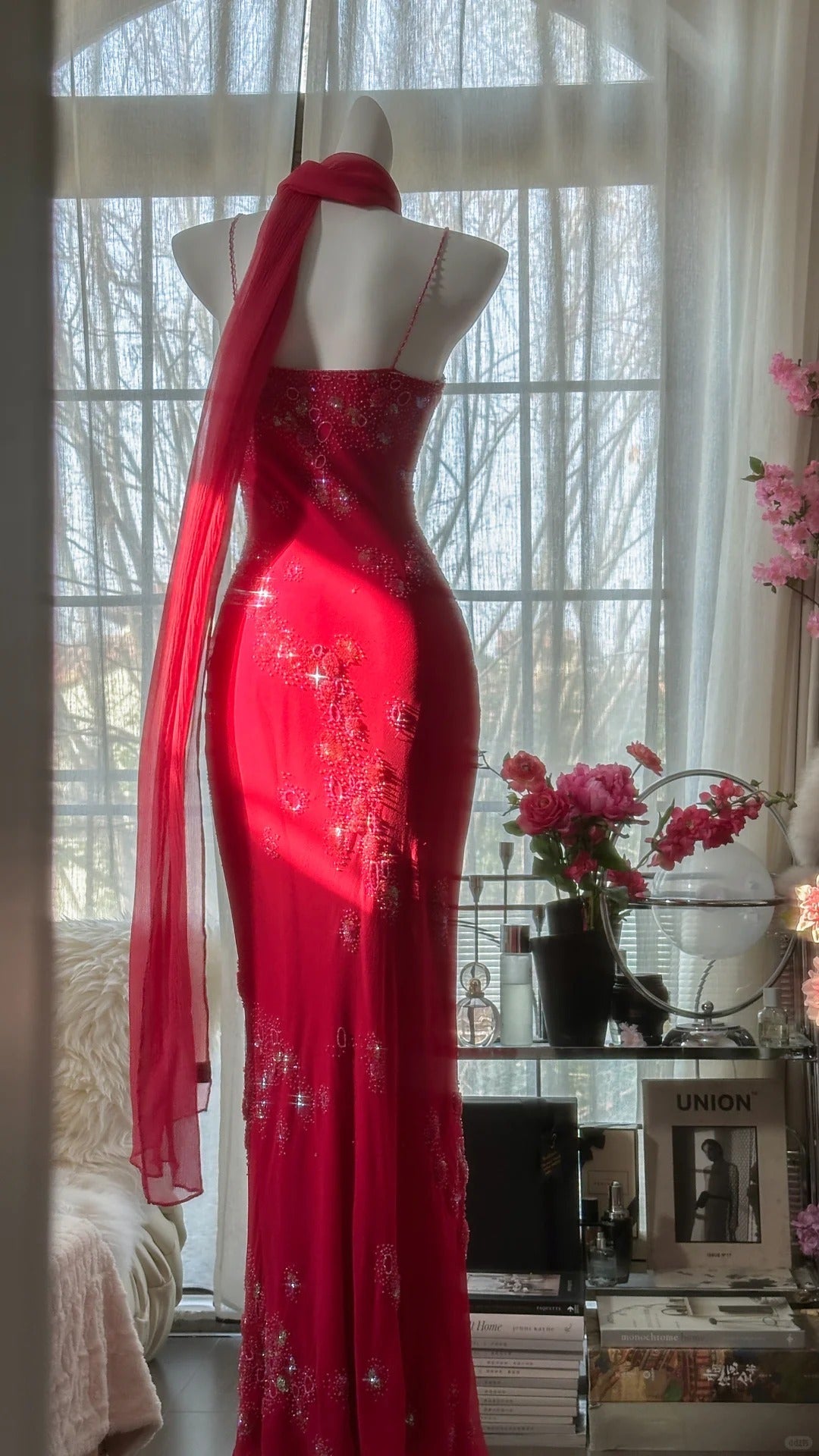Shiny Beaded Red Mermaid Chiffon Evening Gown Prom Dress P3304