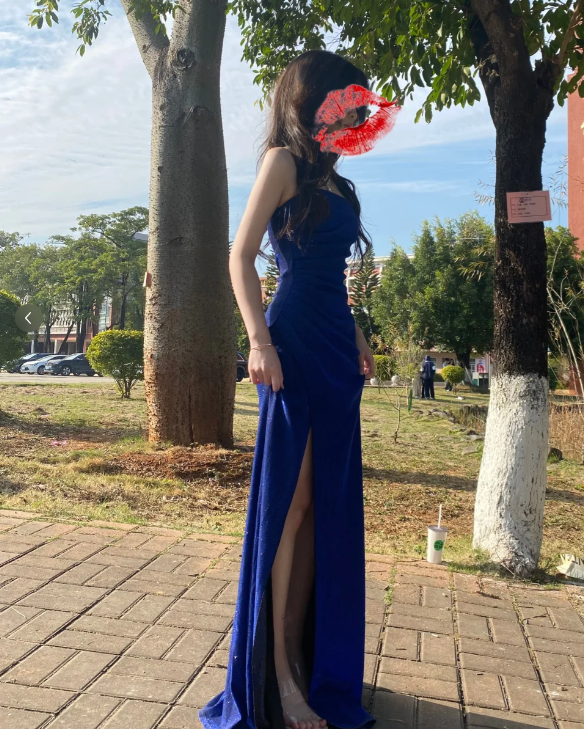 Shiny Strapless Sapphire Blue High Slit Mermaid Evening Dress Prom Dress P3402
