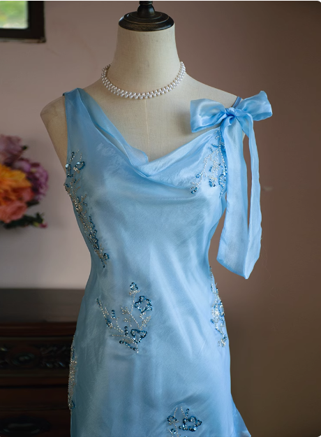 Cute Blue Beaded Ruffled Collar Birthday Party Homecoming Dress P3483